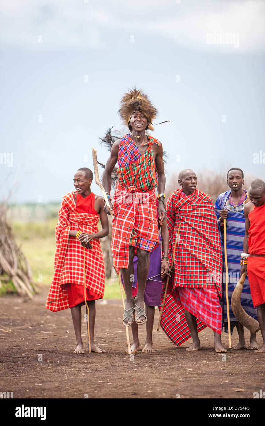 Maasai Men jumping into air Stock Photo