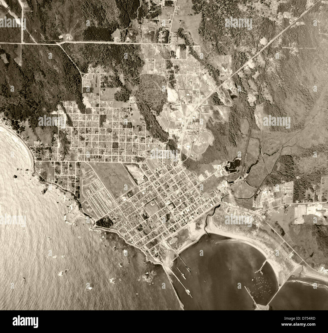 historical aerial photograph Crescent City, California, 1955 Stock Photo