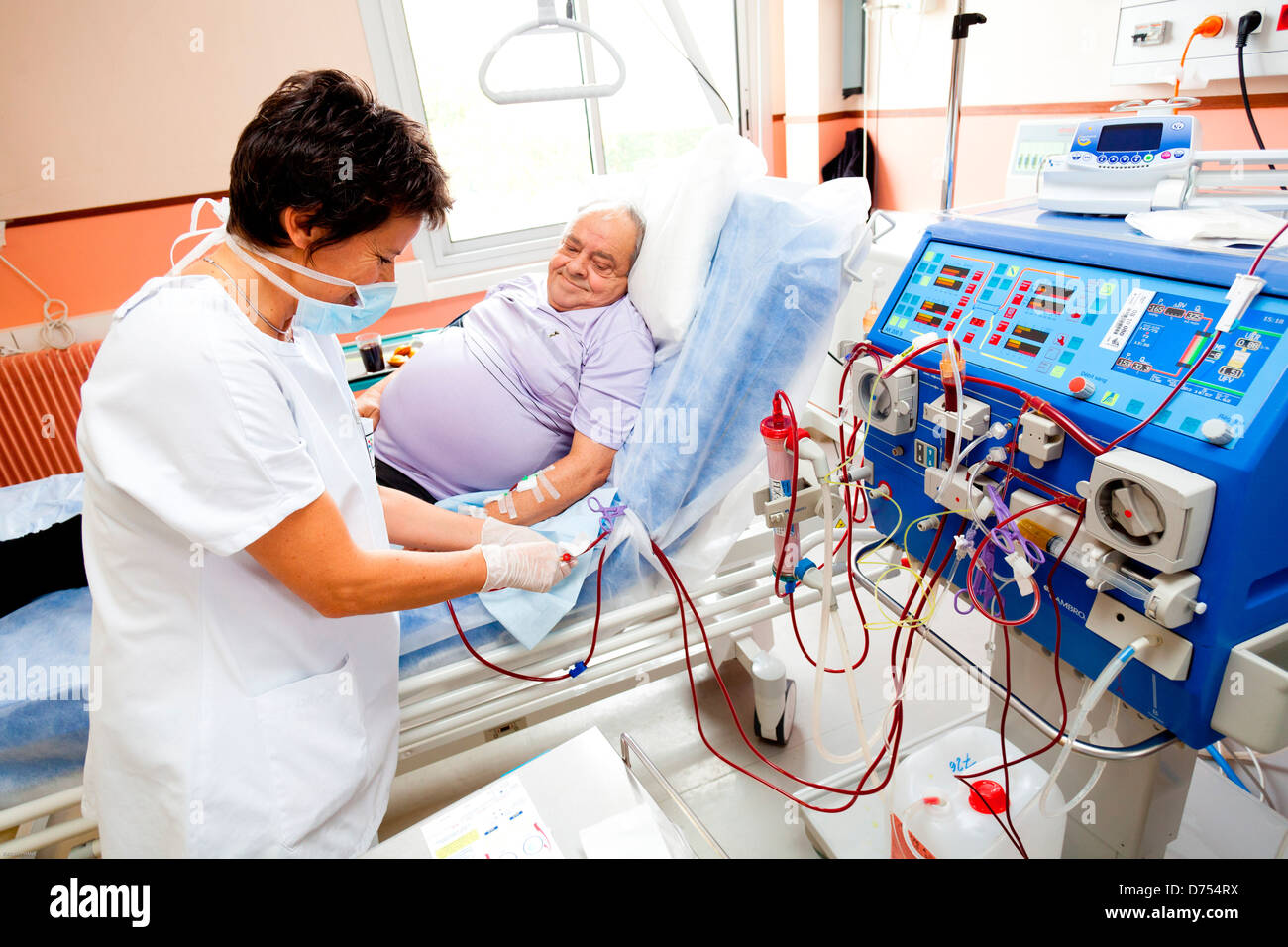 Blood transfusion anemic patient during hemodialysis session Nurse