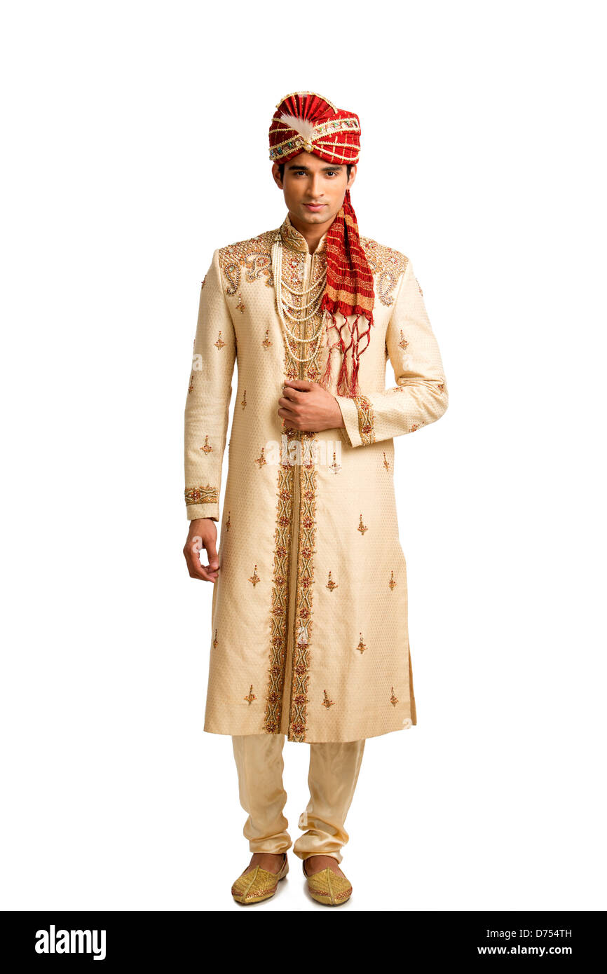 Portrait Of An Indian Man In Traditional Wedding Outfit Stock