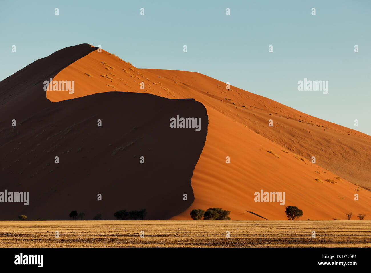 Desert dunes rise high against blue sky with curving shadow Stock Photo ...