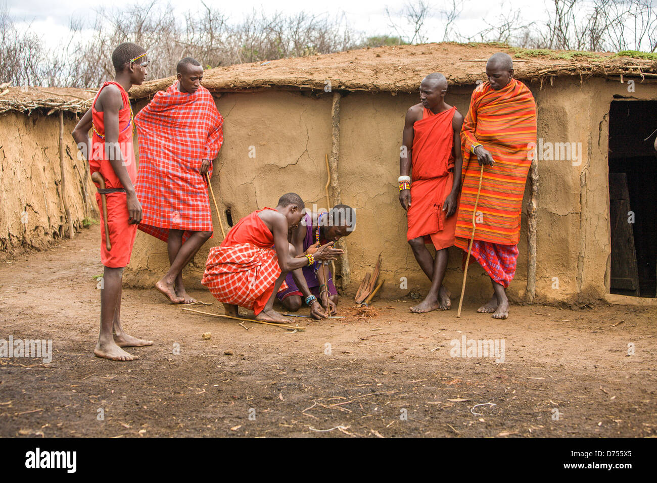 Maasai Tribemen Making Fire Stock Photo