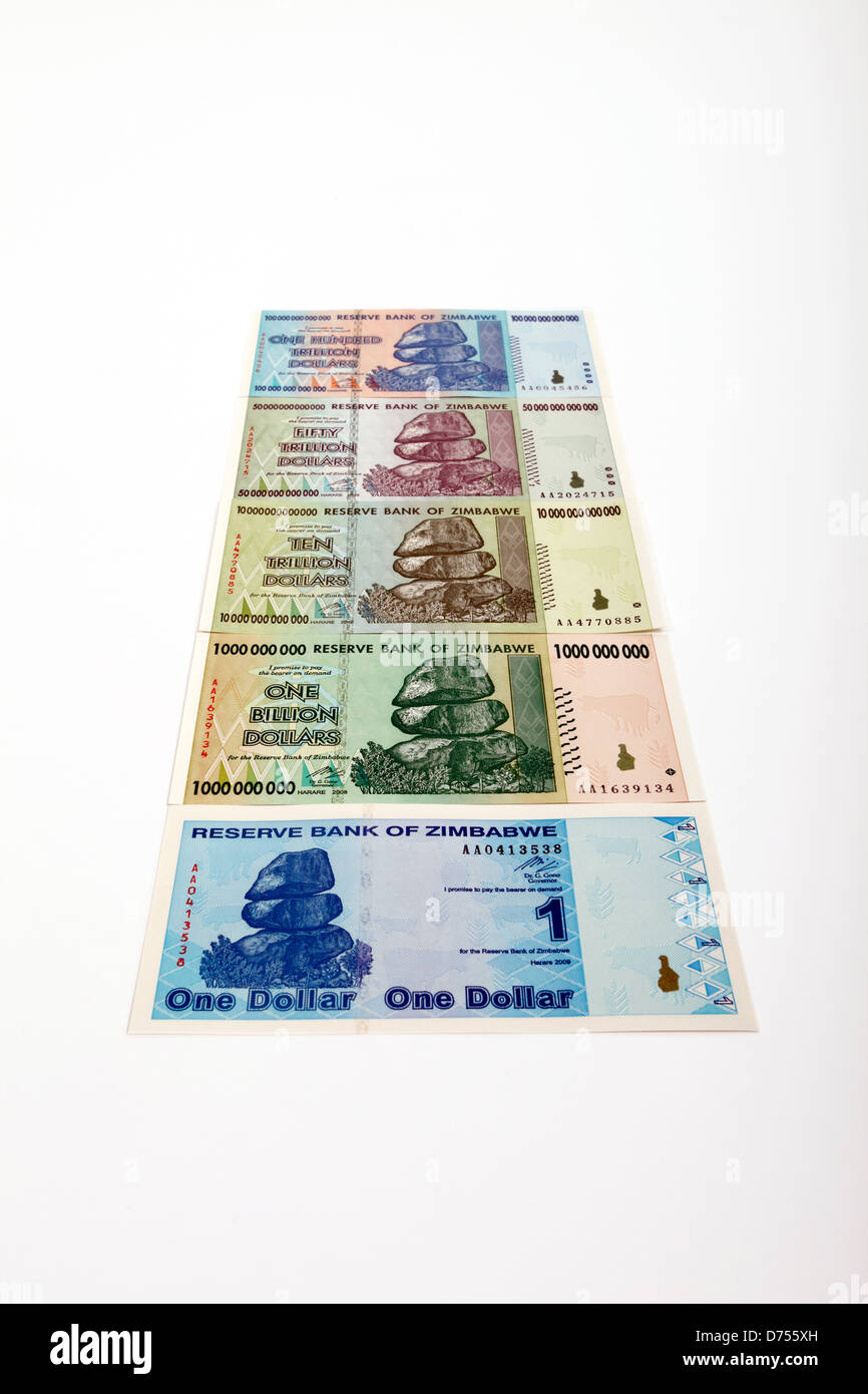 Rampant Inflation in Zimbabwe shown on its banknotes Stock Photo