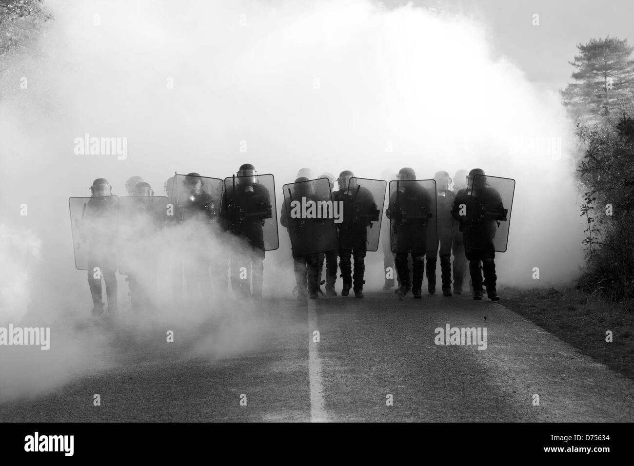 French riot police fire tear gas during eviction of anti airport protest woodland camp. Notre Dame des Landes, Nantes, France. Stock Photo