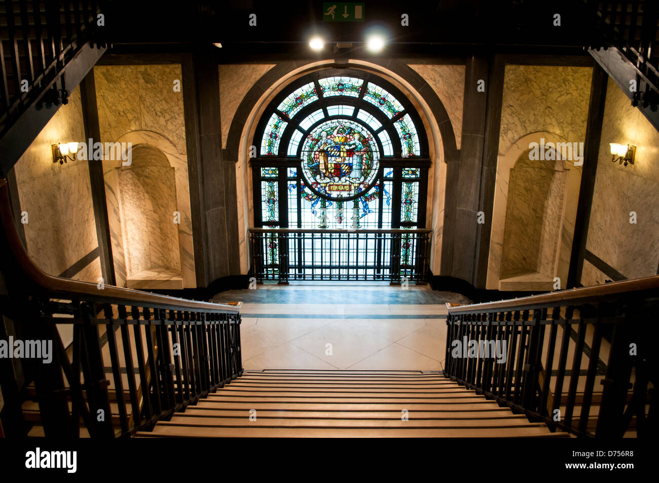 Staircase and stained glass window, Birmingham Museum and Art Gallery, Birmingham, UK Stock