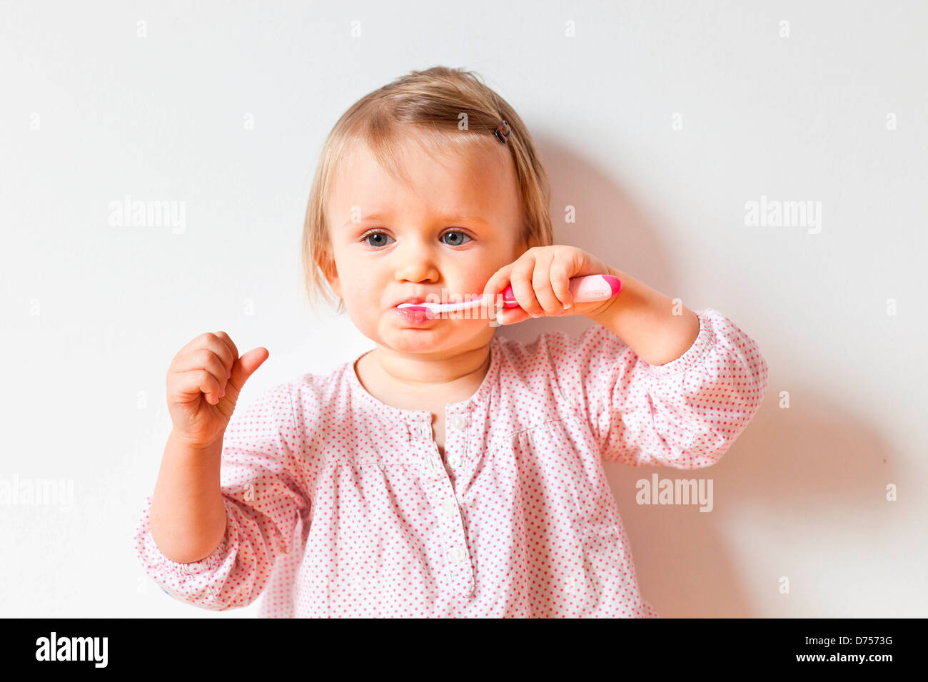 18 month old baby girl brushing her teeth Stock Photo Alamy