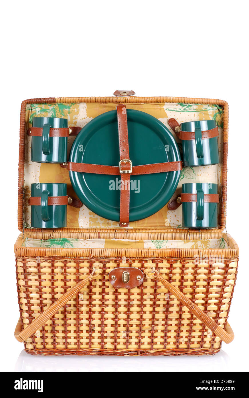 open picnic basket with green plates Stock Photo