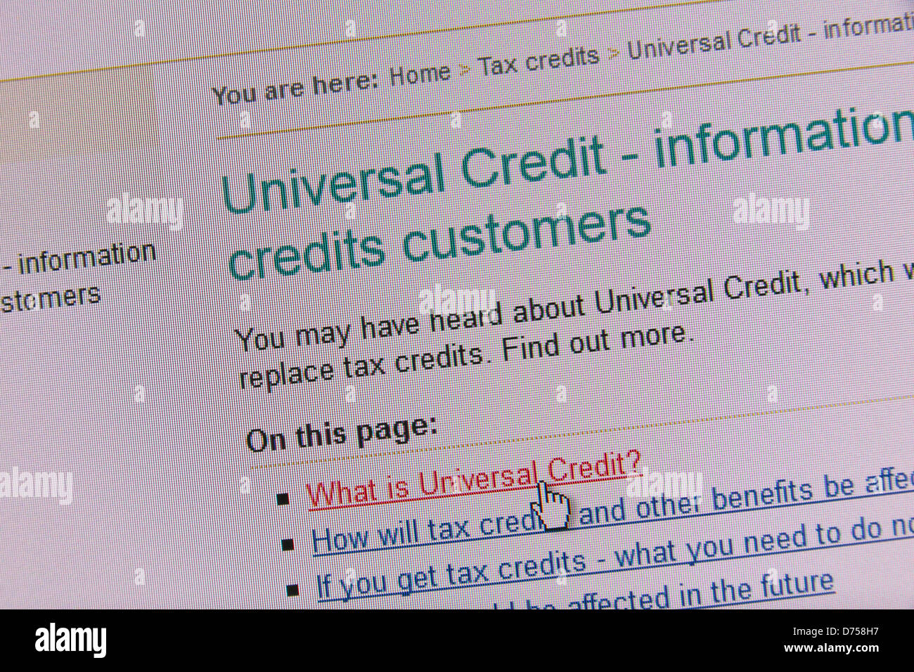 Screenshot of a HMRC website page for the new Universal Credit (roll out started 29th April 2013), introduced to replace several current benefits. Stock Photo