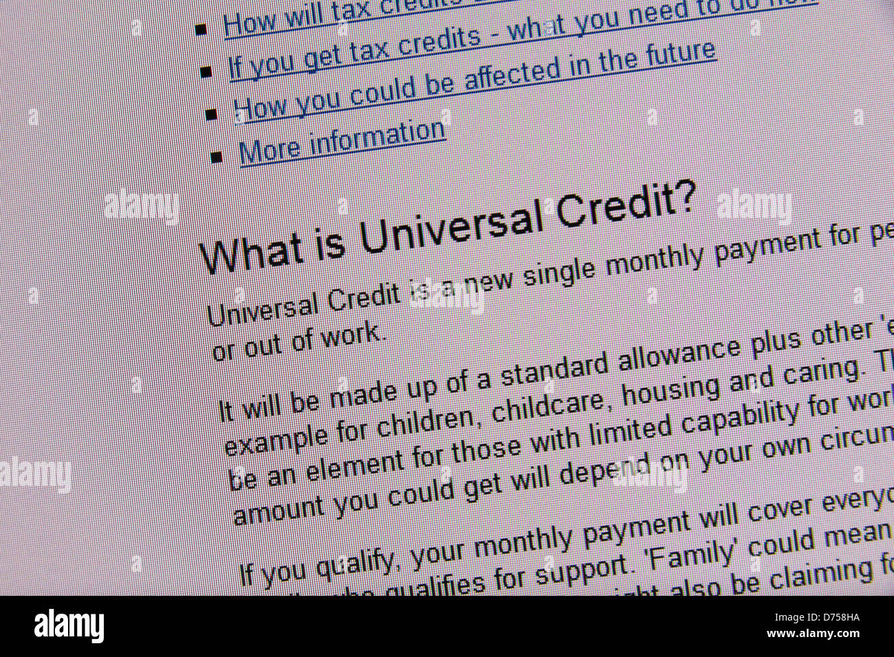 Screenshot of a HMRC website page for the new Universal Credit (roll out started 29th April 2013), introduced to replace several current benefits.  Visitors to the site can find out 'What is Universal Credit?' Stock Photo