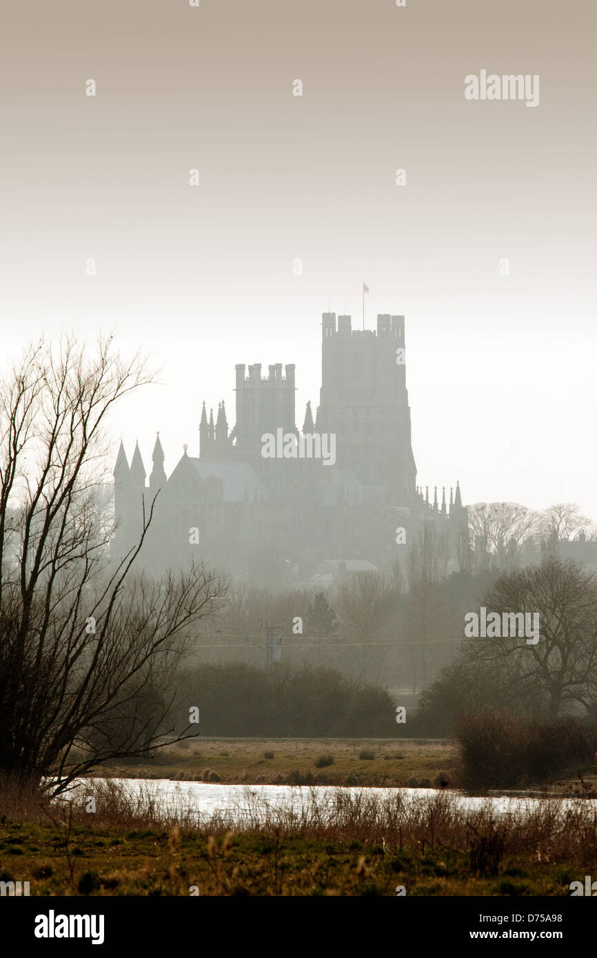 Ely Cathedral seen from the fens at sunset, Ely Cambridgeshire, UK Stock Photo