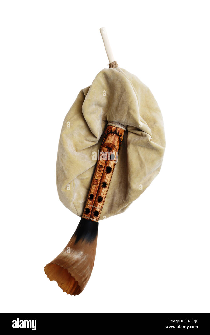 close-up of antique bagpipe from over white, horizontal Stock Photo