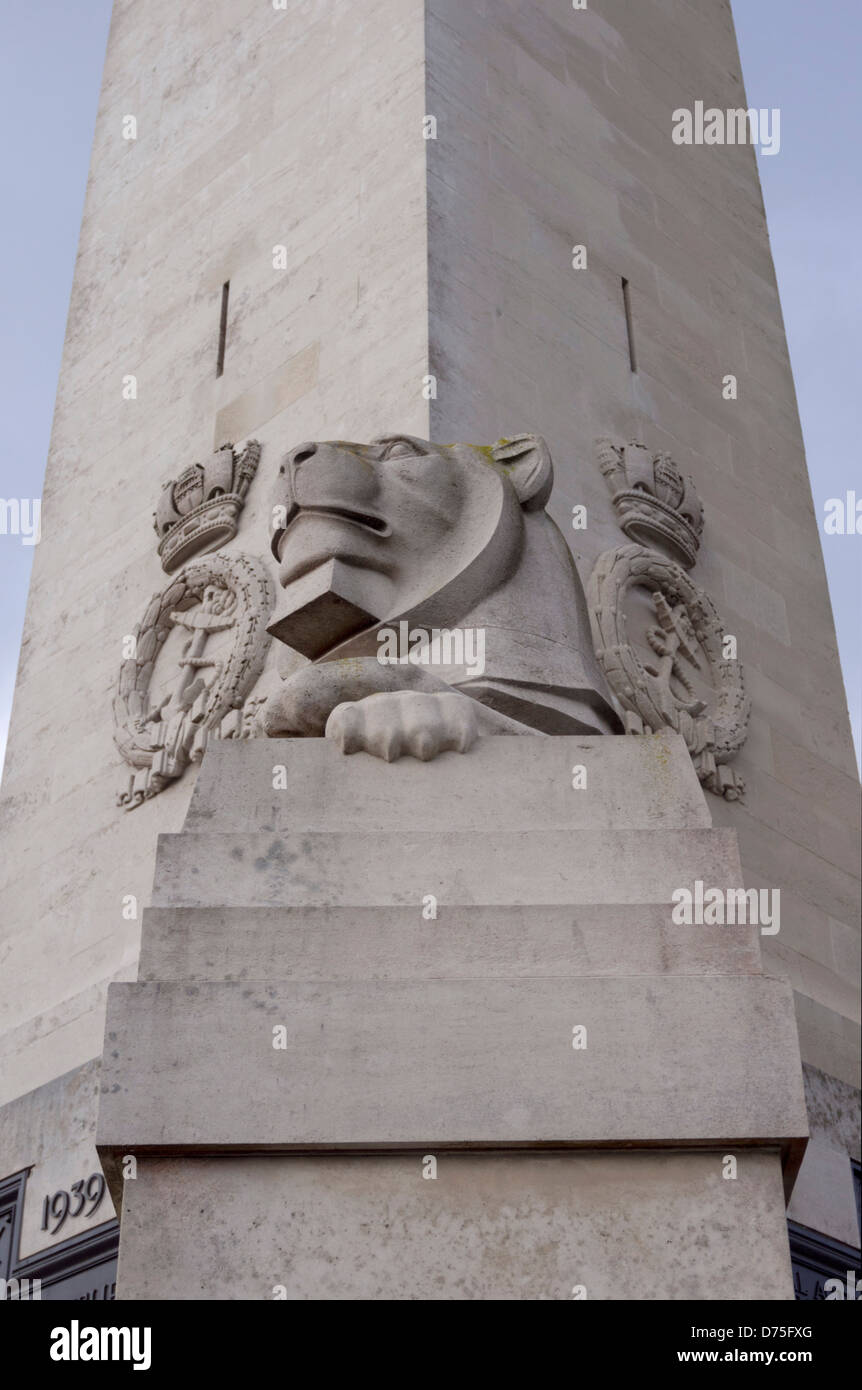 Detail of stone lion on Naval war memorial on Plymouth Hoe, Devon , UK Stock Photo
