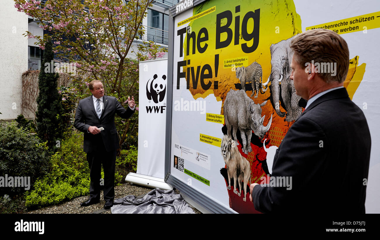 Berlin, 29 April 2013. Start of the national campaign 'The Big Five' with Dirk Niebel. Dirk Niebel, Federal Minister for Economic Cooperation and Development and Eberhard Brandes, CEO of WWF Germany, present the new nationwide poster campaign 'The Big Five' of the Federal Ministry for Economic Cooperation and Development.  Development Minister Dirk Niebel speechs at the start of the national campaign 'The Big Five' in Berlin. Credit:Reynaldo Chaib Paganelli/Alamy Live News Stock Photo