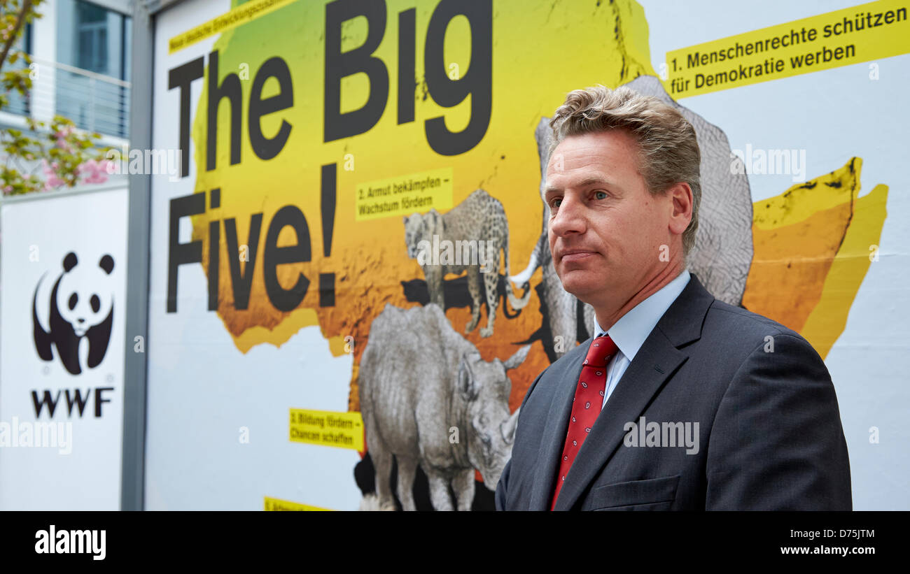 Berlin, 29 April 2013. Start of the national campaign 'The Big Five' with Dirk Niebel. Dirk Niebel, Federal Minister for Economic Cooperation and Development and Eberhard Brandes, CEO of WWF Germany, present the new nationwide poster campaign 'The Big Five' of the Federal Ministry for Economic Cooperation and Development. / Eberhard Brandes, CEO of WWF Germany, holding a speech at the start campaign 'The Big Five' in Berlin. Credit:Reynaldo Chaib Paganelli/Alamy Live News Stock Photo