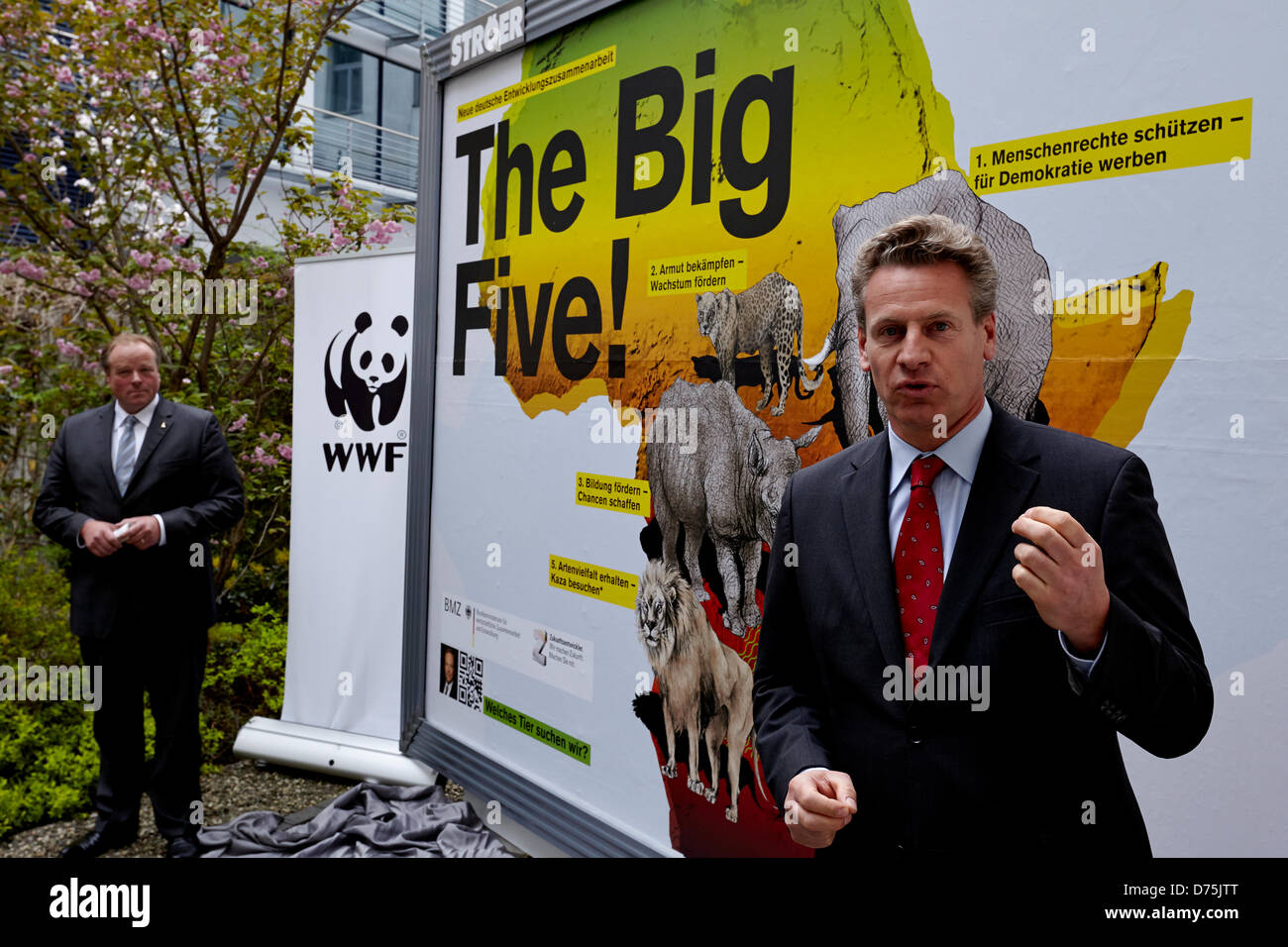 Berlin, 29 April 2013. Start of the national campaign 'The Big Five' with Dirk Niebel. Dirk Niebel, Federal Minister for Economic Cooperation and Development and Eberhard Brandes, CEO of WWF Germany, present the new nationwide poster campaign 'The Big Five' of the Federal Ministry for Economic Cooperation and Development. / Eberhard Brandes, CEO of WWF Germany, holding a speech at the start campaign 'The Big Five' in Berlin. Credit:Reynaldo Chaib Paganelli/Alamy Live News Stock Photo