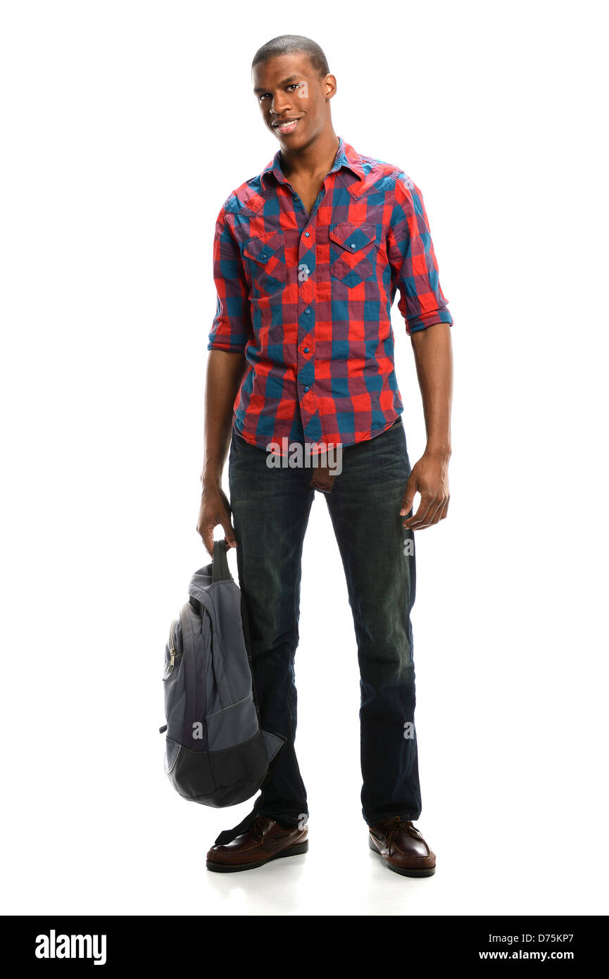 Young African American student holding backpack isolated over white background Stock Photo