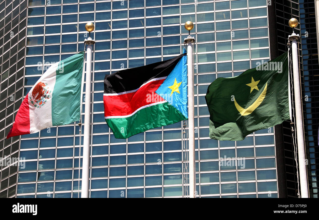 The flag of South Sudan (C) flies outside the United Nations after a ...