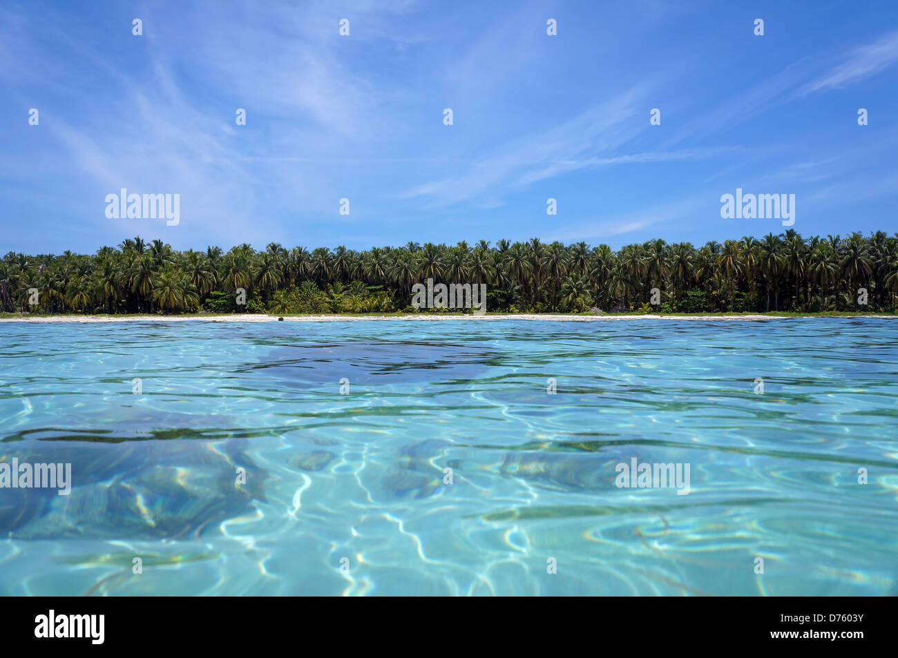Tropical coastline with lush coconut trees at the horizon and turquoise water surface, Zapatillas islands, Caribbean sea, Panama Stock Photo