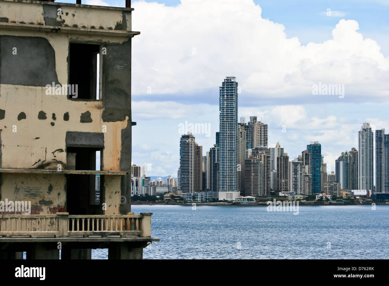 View of spanish colonial archetecture and the new buildings, Casco Viejo District, Panama City Stock Photo