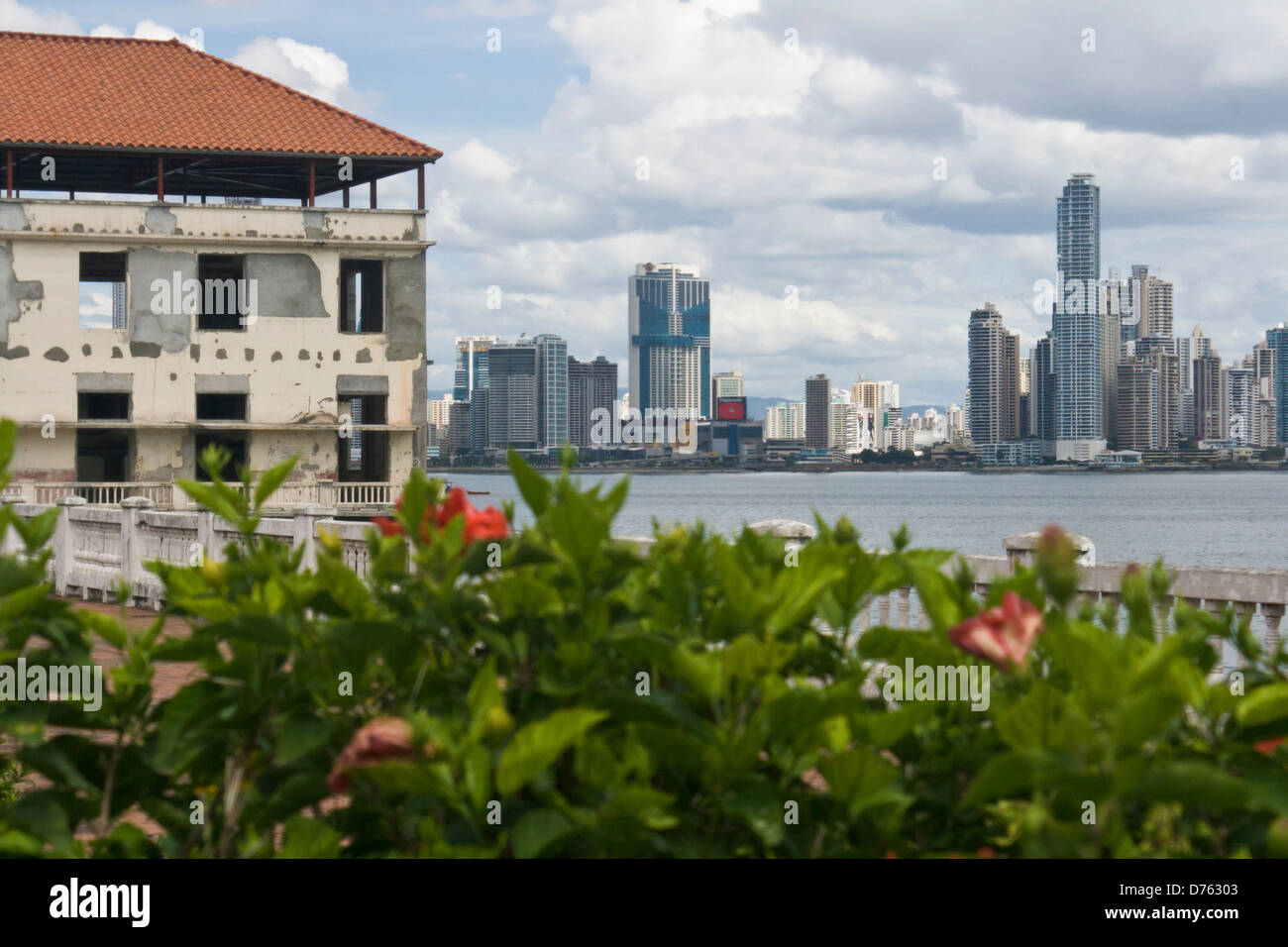 View of spanish colonial architecture and gardens, Casco Viejo District, Panama City Stock Photo