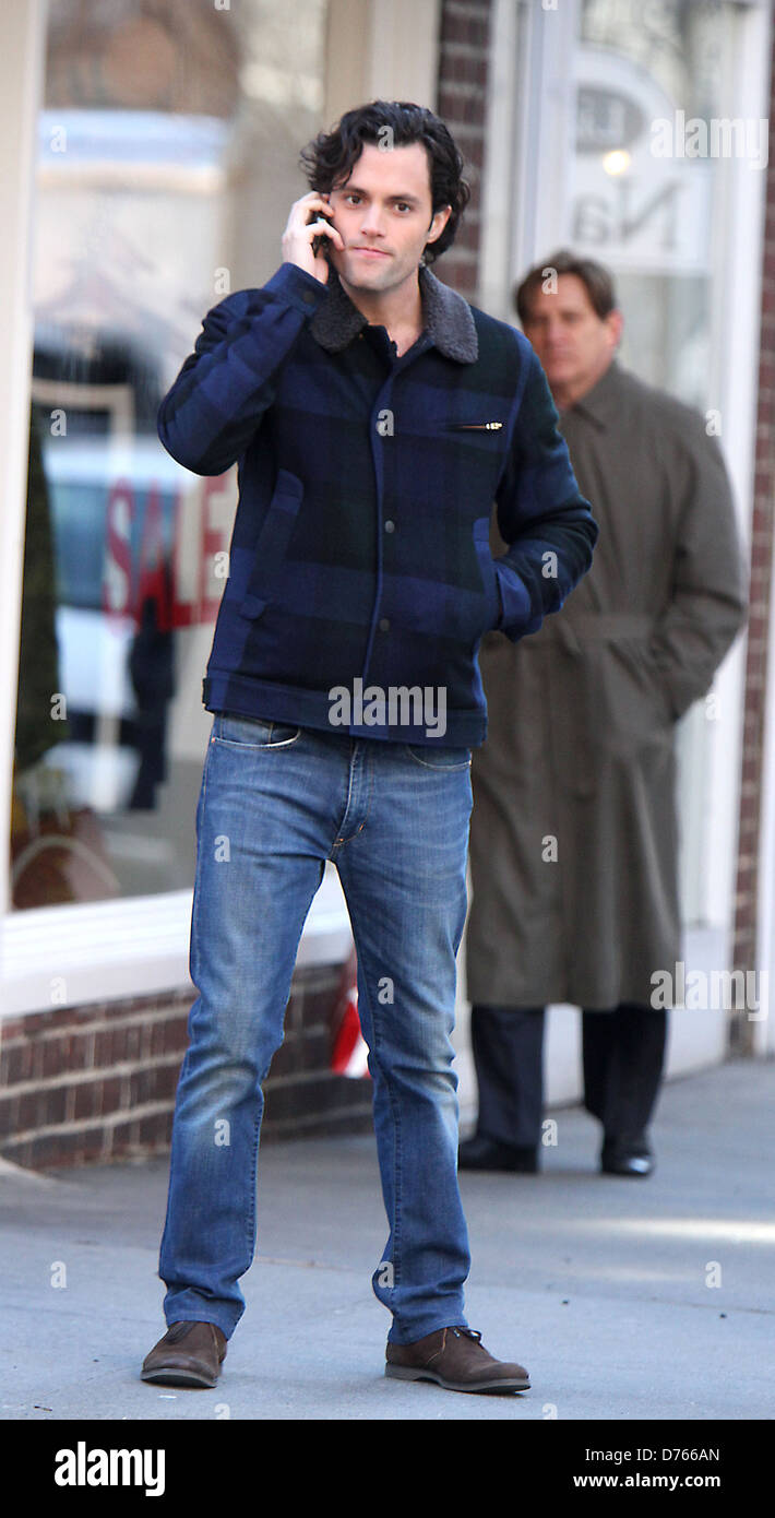 Penn Badgley on the set of 'Gossip Girl' filming on location in