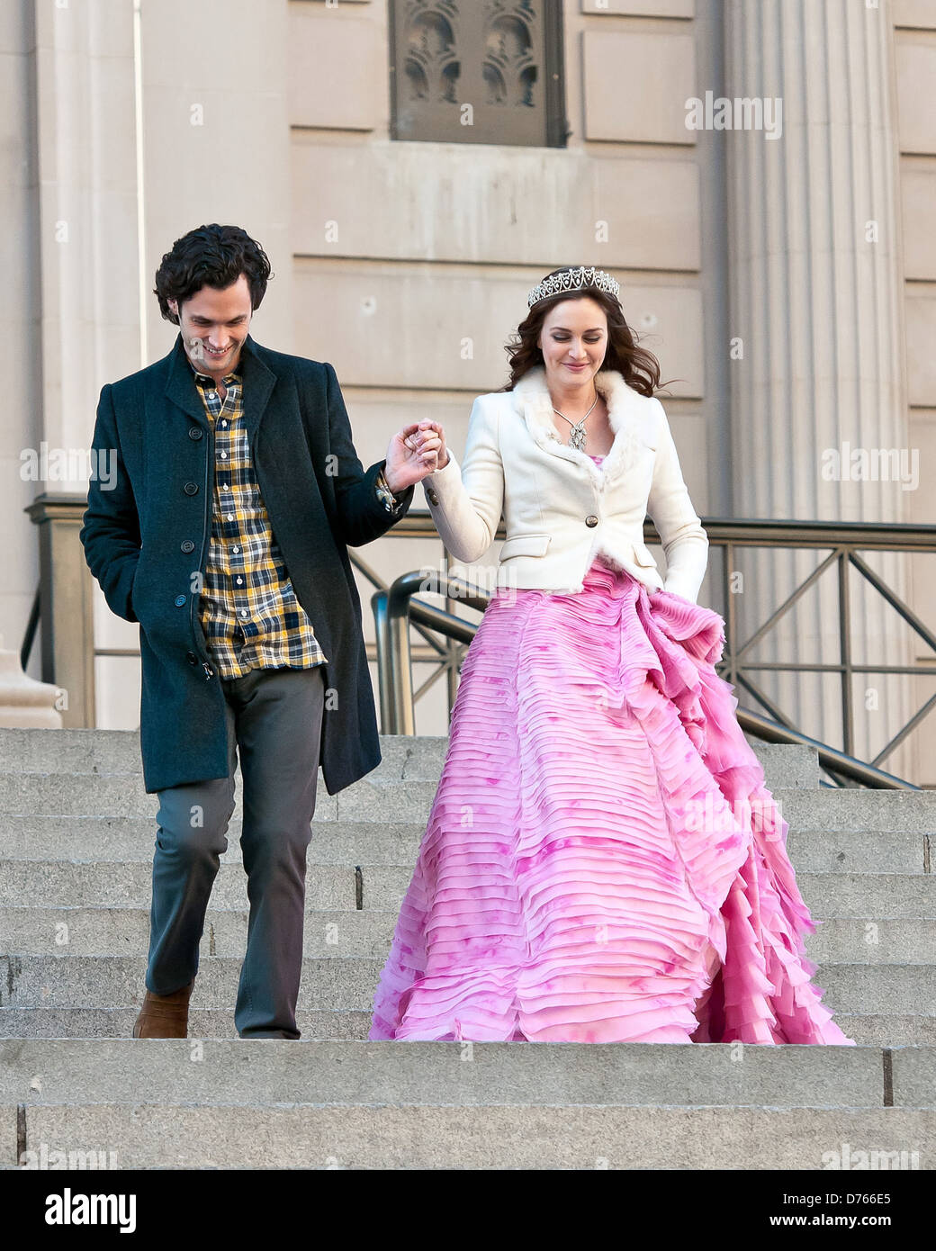 Penn Badgley on the set of 'Gossip Girl' filming on location in
