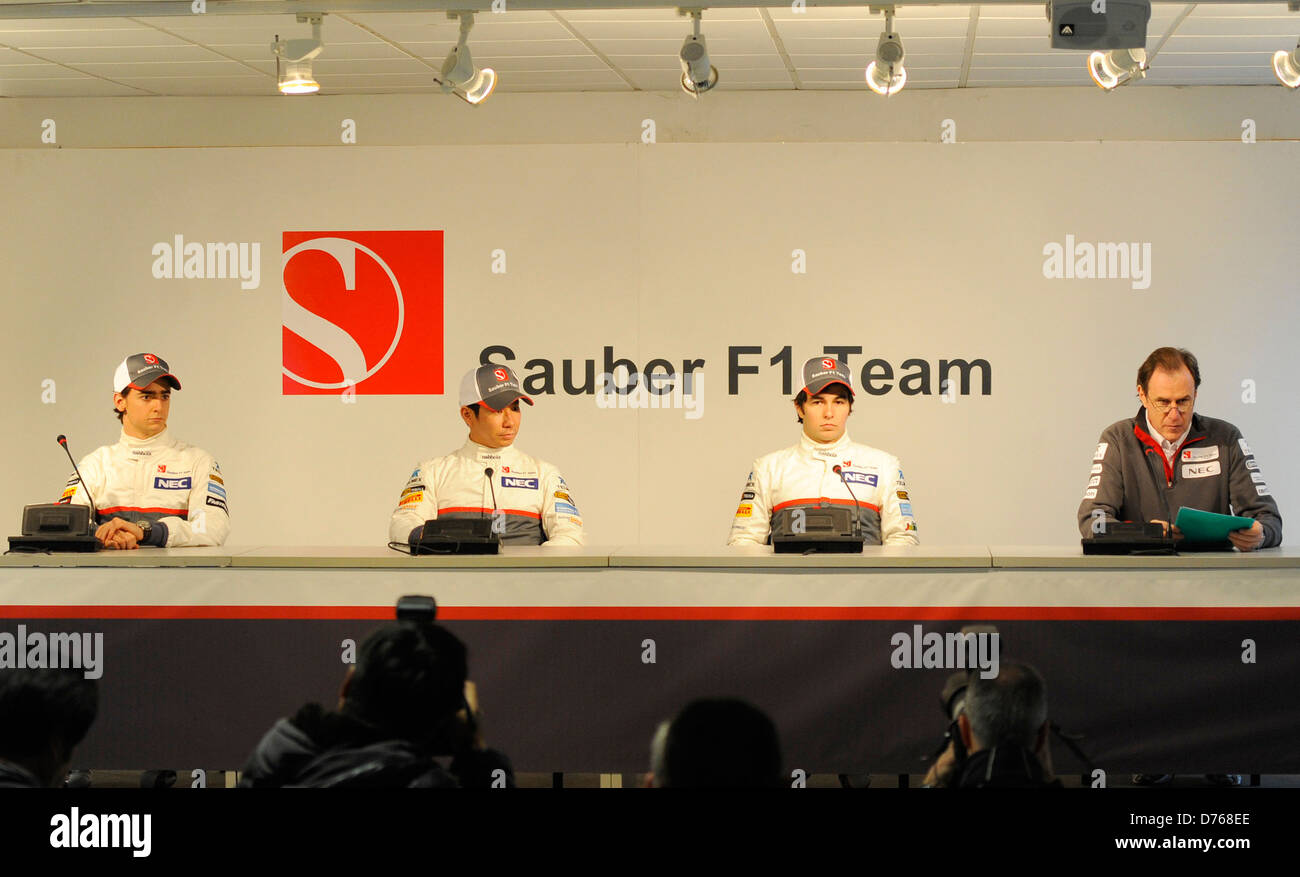Kamui Kobayashi, Sergio Perez and Esteban Gutierrez F1 Racing Team Sauber unviel their new car, the Sauber C31, for the Stock Photo