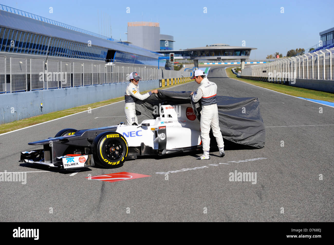 Kamui Kobayashi and Sergio Perez F1 Racing Team Sauber unviel their new car, the Sauber C31, for the forthcoming F1 Stock Photo