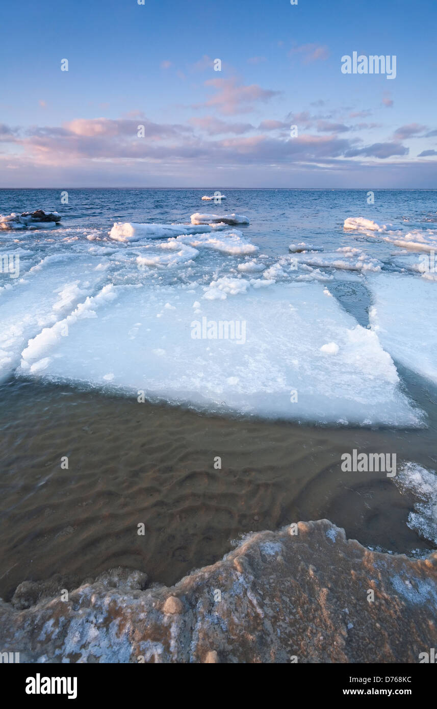 Ice chunks floating on Lake Simcoe, Ontario, Canada. Stock Photo
