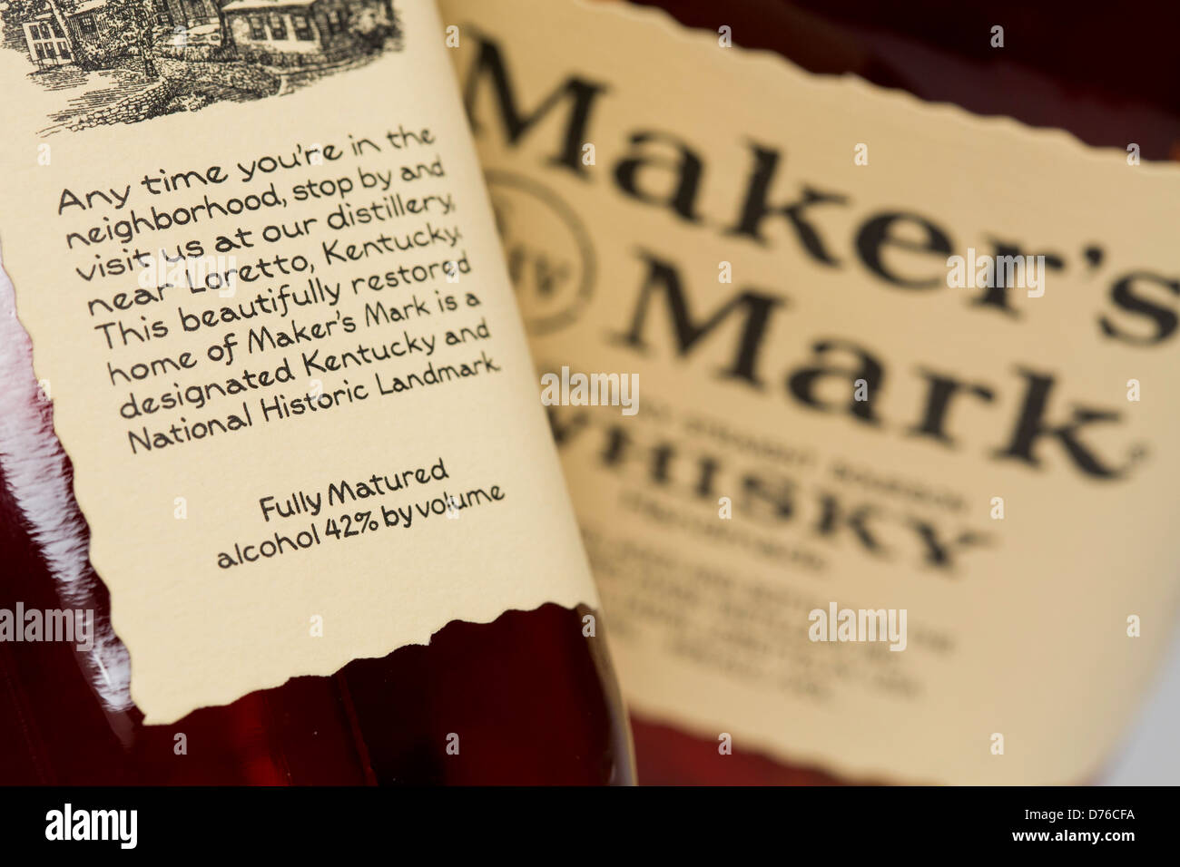 Maker's Mark Whiskey that has been watered down to 42% (84 proof) alcohol by volume from its original 45% (90 proof) alcohol. Stock Photo