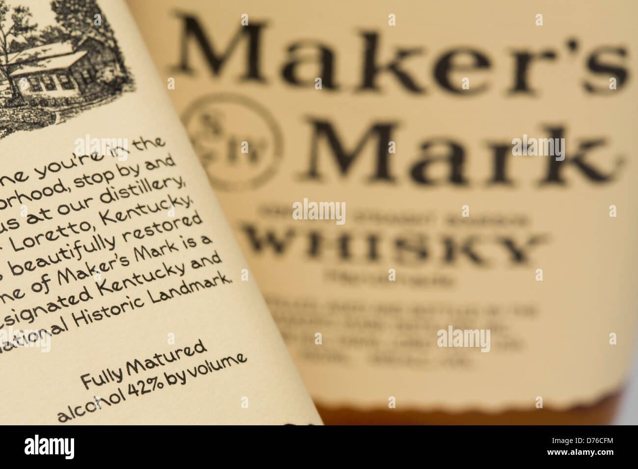 Maker's Mark Whiskey that has been watered down to 42% (84 proof) alcohol by volume from its original 45% (90 proof) alcohol. Stock Photo