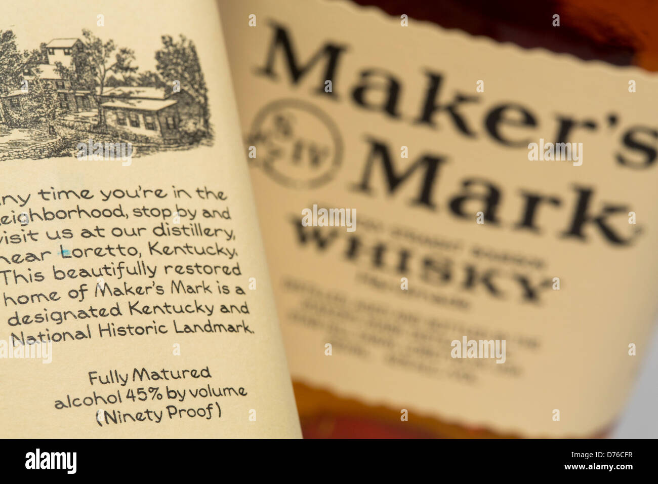 Maker's Mark Whiskey with its original 45% alcohol by volume (90 proof) contents. Stock Photo