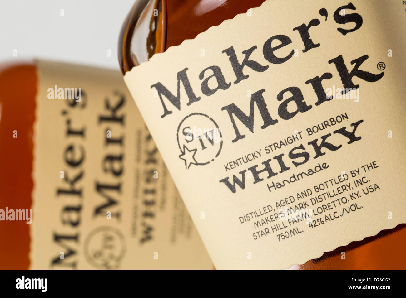 Maker's Mark Whiskey that has been watered down to 42% (84 proof) alcohol by volume from its original 45% (90 proof) alcohol. Stock Photo