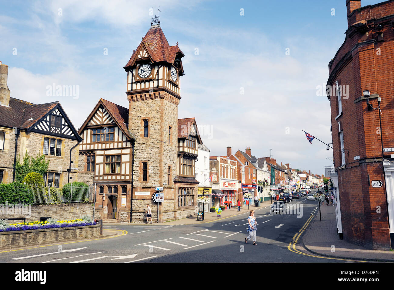 Clock Tower and library on the High Street in the town of Ledbury, Herefordshire, England Stock Photo