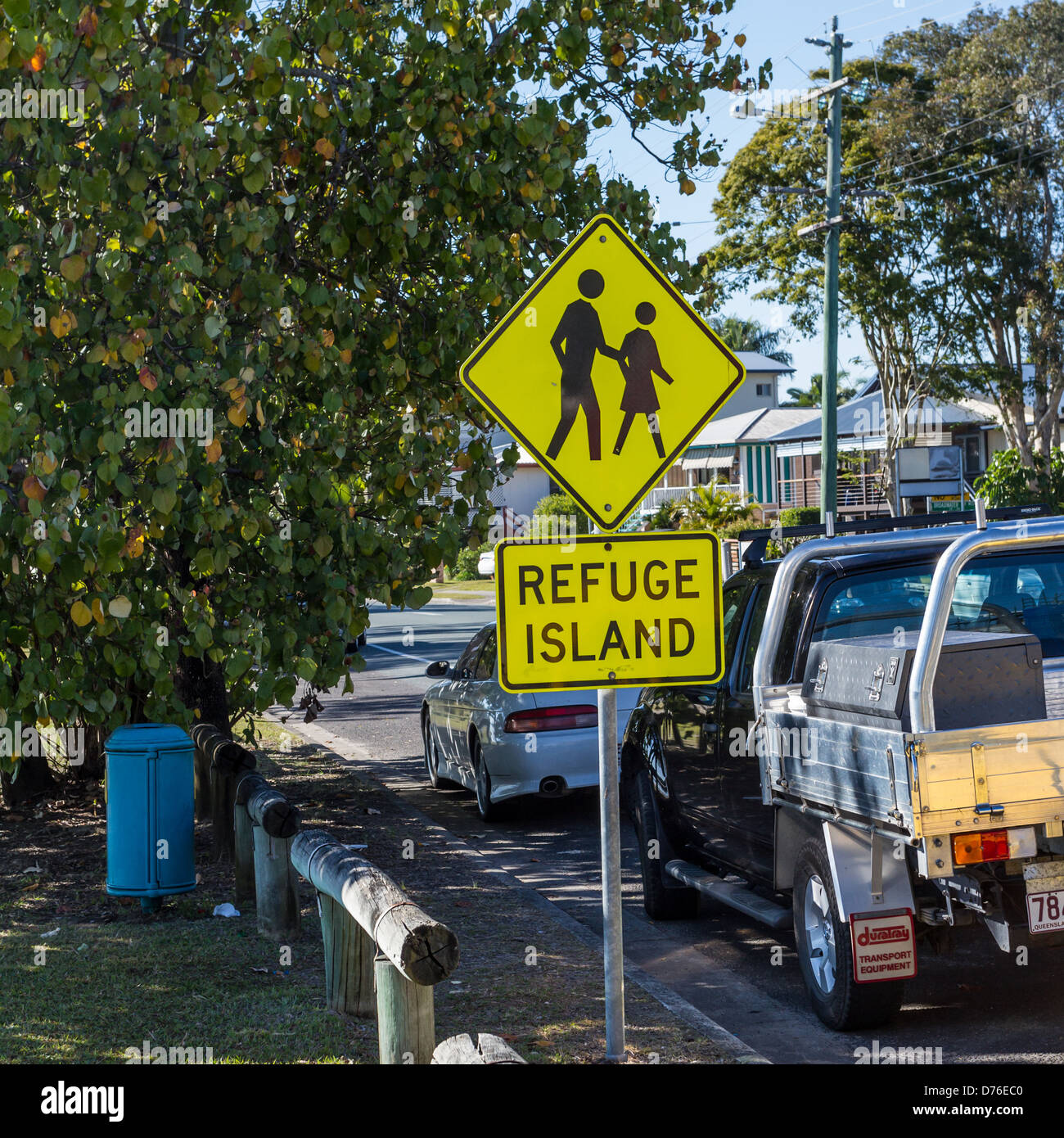 Refuge Island road safety sign. Stock Photo