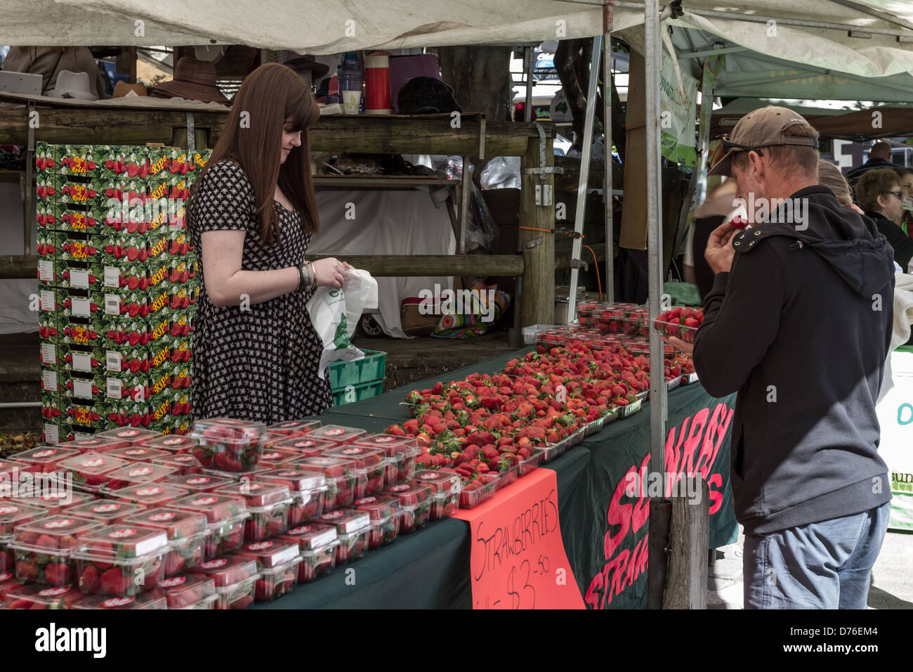 Eumundi Market stall selling fresh strawberries. Stock Photo