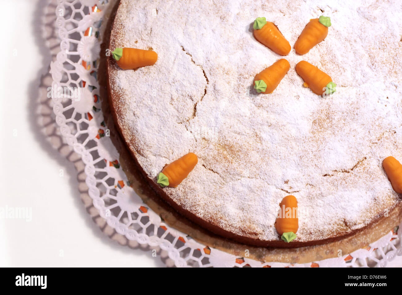 Close up of Carrot cake with marzipan carrots Stock Photo