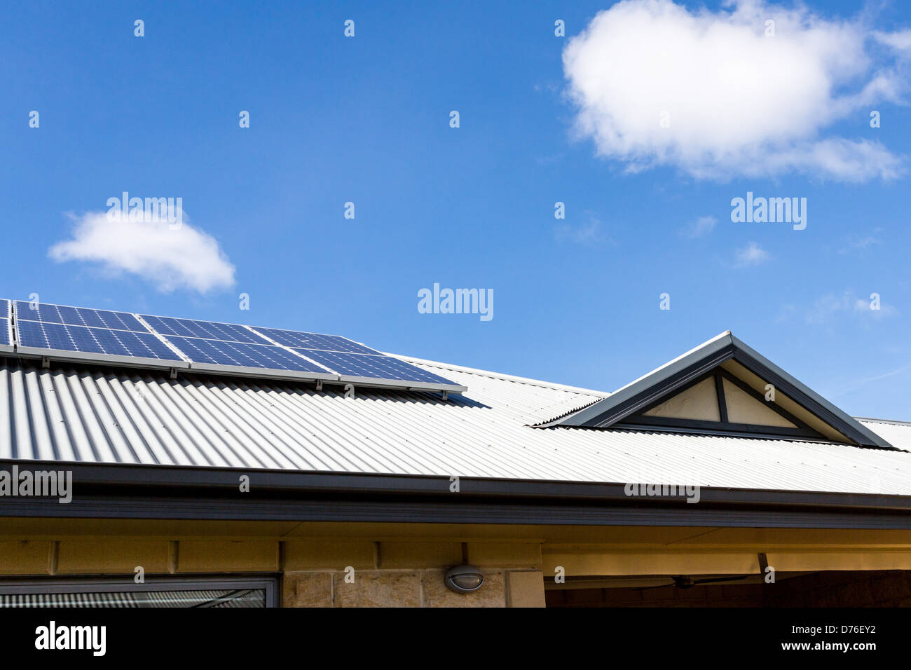 Gable on Colorbond Steel Roof with solar panels Stock Photo