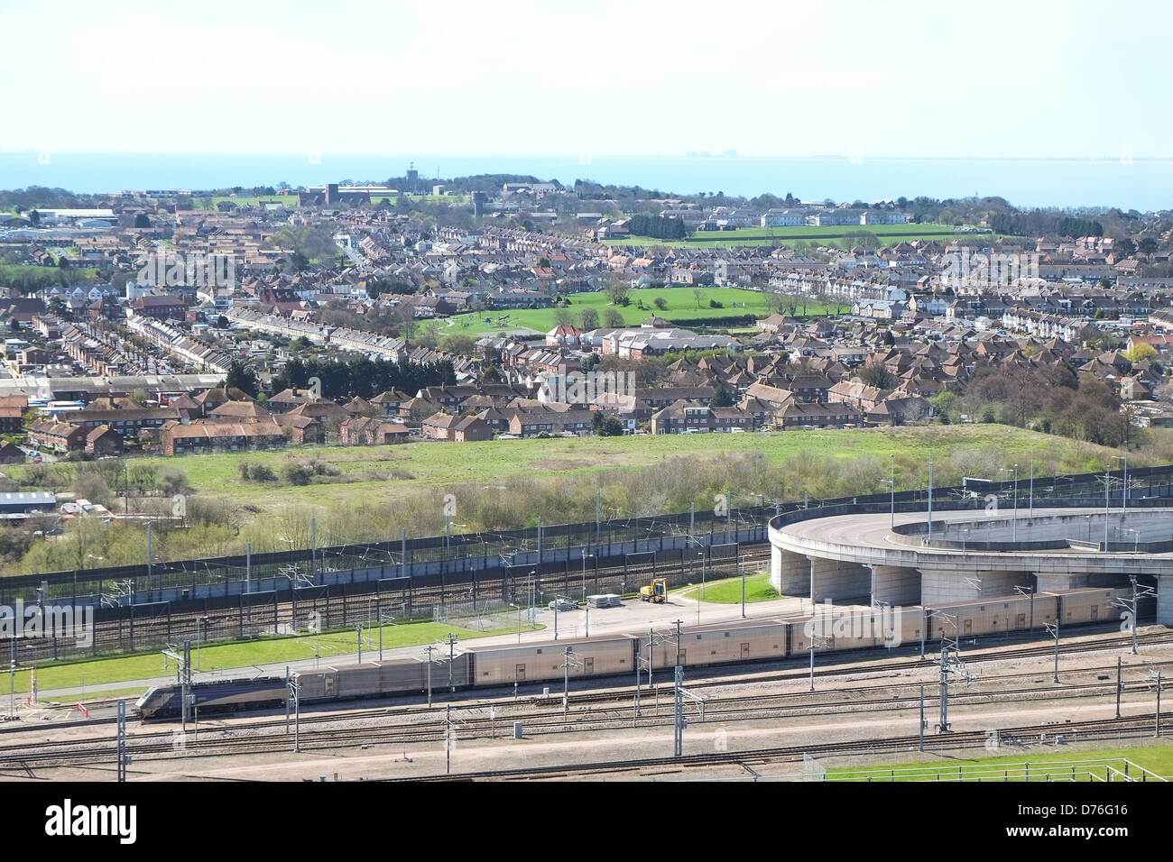 Image of a Channel Tunnel train leaving the Folkestone terminal en-route to Calais in France. Stock Photo