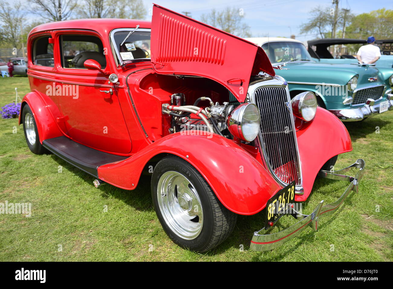 Floral Park, New York, U.S. April 28, 2013. This red 1934 Ford 2door