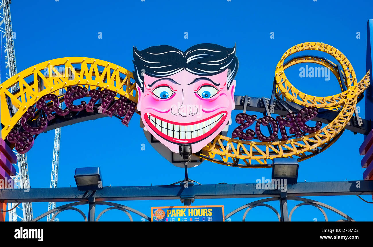 View of the entrance of the Luna Park Amusement park on Coney Island boardwalk, Brooklyn, New York City. Stock Photo