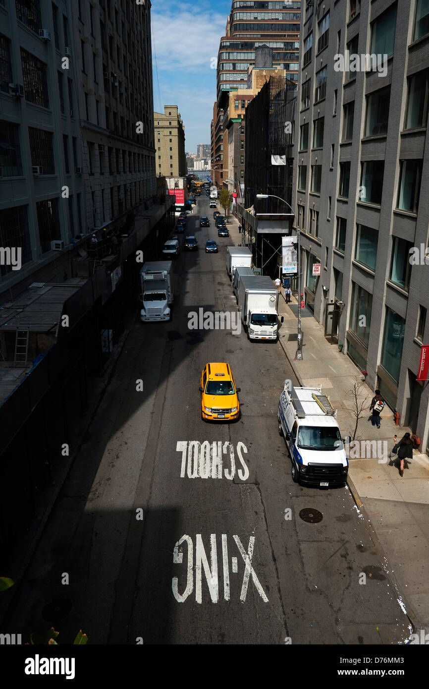 View of a New York City taxi, shot from The HIghline Park in the Chelsea district of New York City. Stock Photo