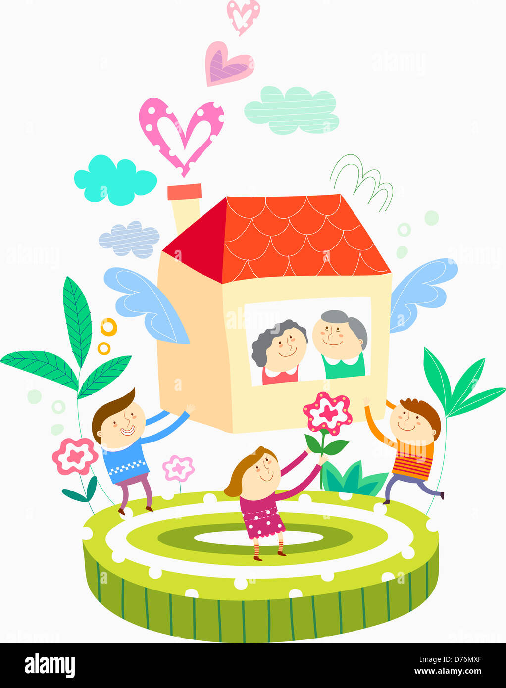 illustration of kids playing around a house Stock Photo - Alamy