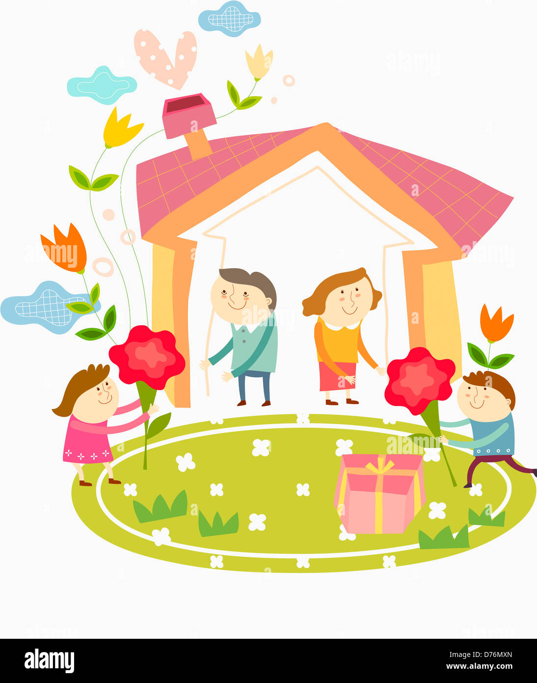 illustration of kids playing around a house Stock Photo - Alamy