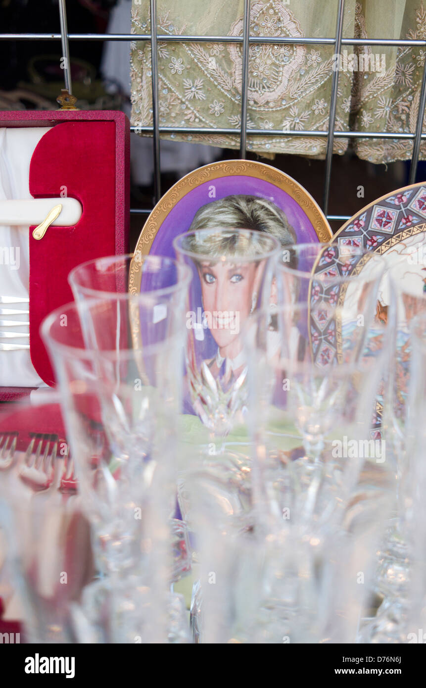Lady Diana plate in a charity shop window. Stock Photo