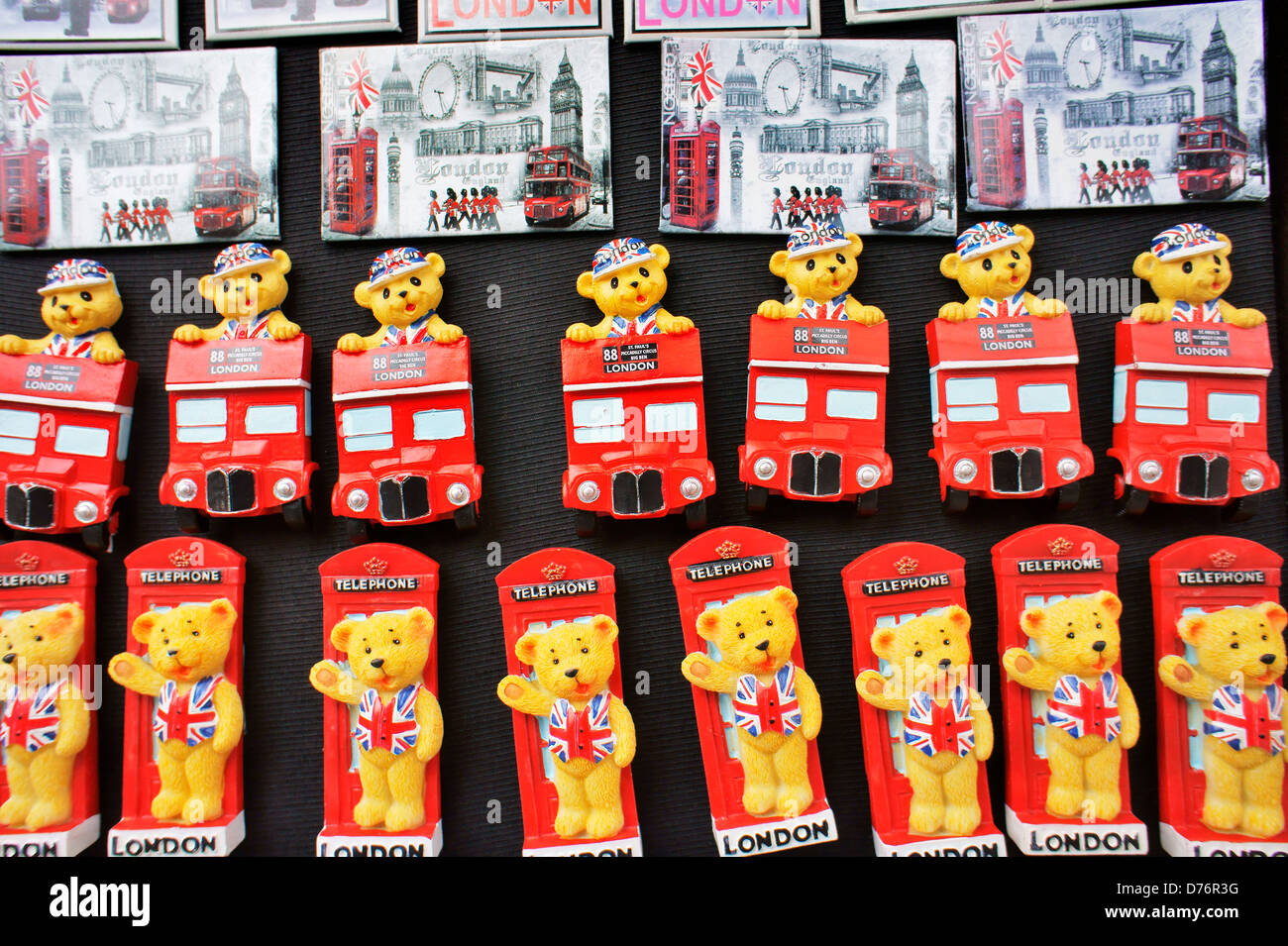 London, England tourist holiday souvenirs fridge magnet badges. Red bus, telephone box kiosk and Big Ben Stock Photo