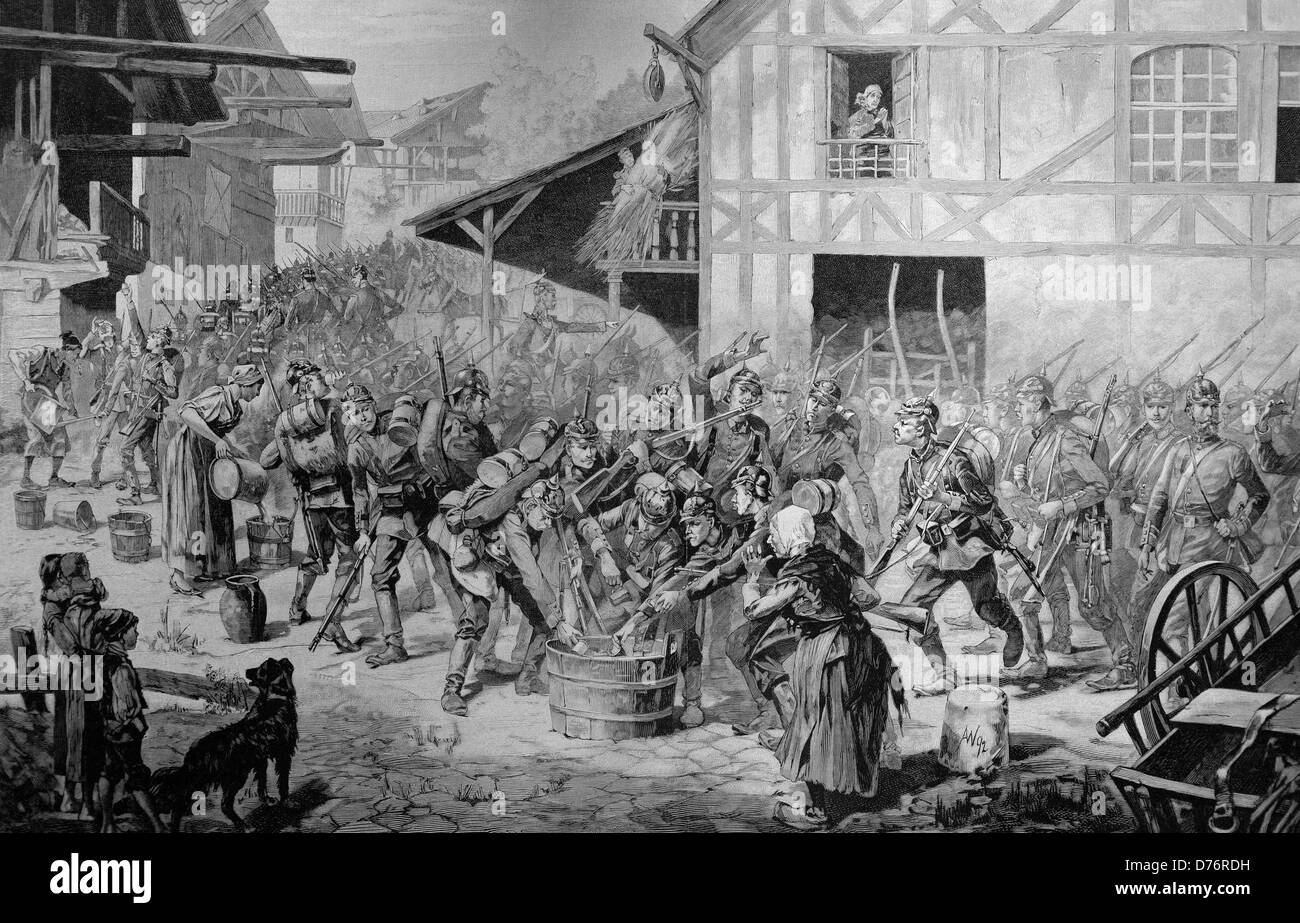 Prussian troops go to war and get water in a village, woodcut circa 1871 Stock Photo