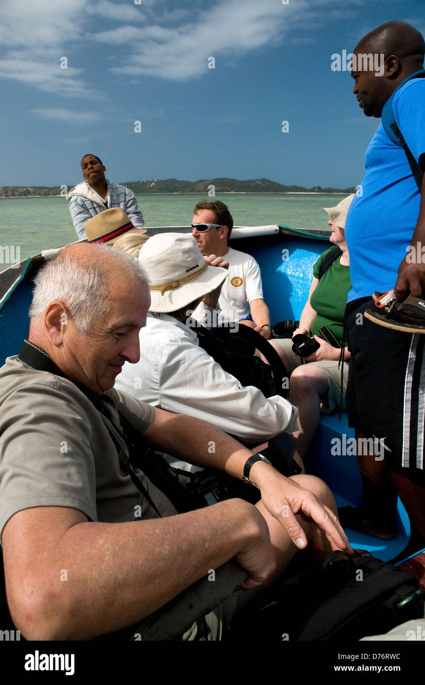 tourists in boat,lake bilene,mozambique,africa Stock Photo