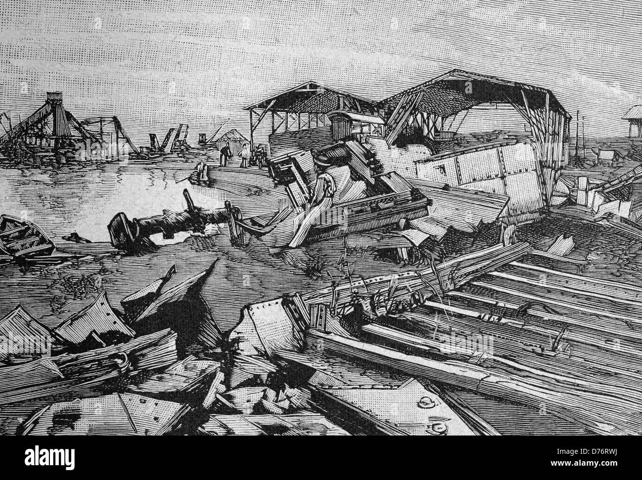 Construction of the Panama Canal, ruins of the dock at the Fox River, Central America, woodcut circa 1871 Stock Photo