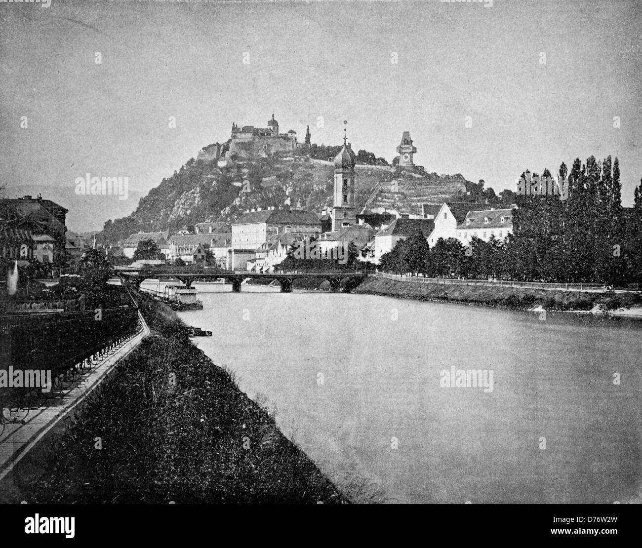 Early autotype of the Grazer Schlossberg castle hill with fortress in Graz, Styria, Austria, 1880 Stock Photo